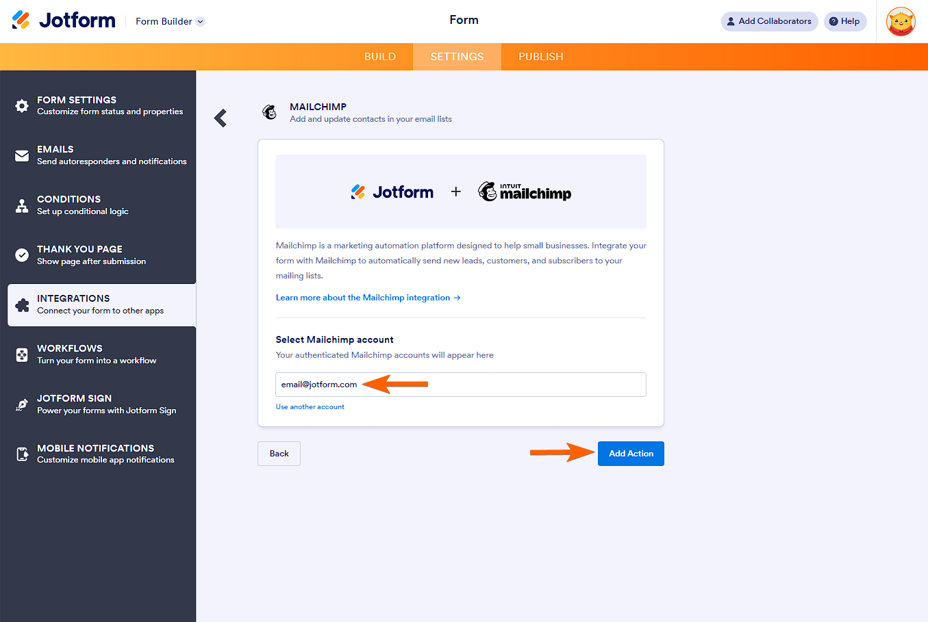 Seleccionar cuenta y botones de Agregar Acción en la integración de Mailchimp