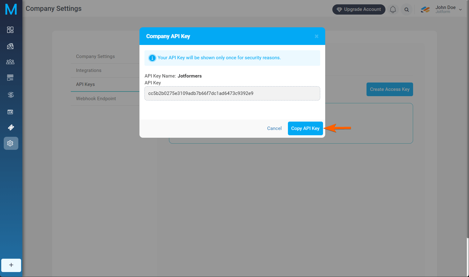 Copy API Key button in the API Keys section of Mailsoftly dashboard