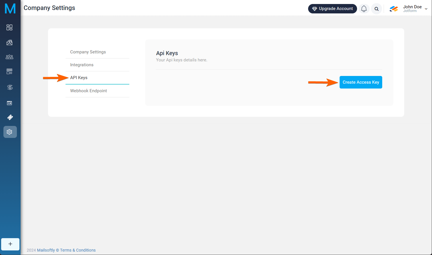 Create Access Key button in the API Keys section of Mailsoftly dashboard