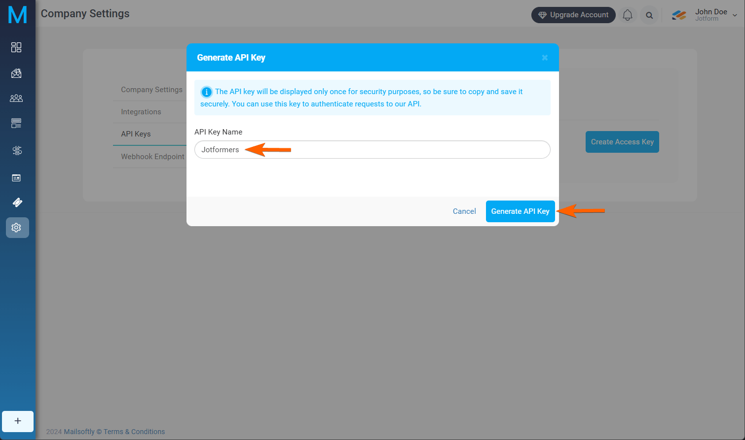 Generate API Key button in the API Keys section of Mailsoftly dashboard