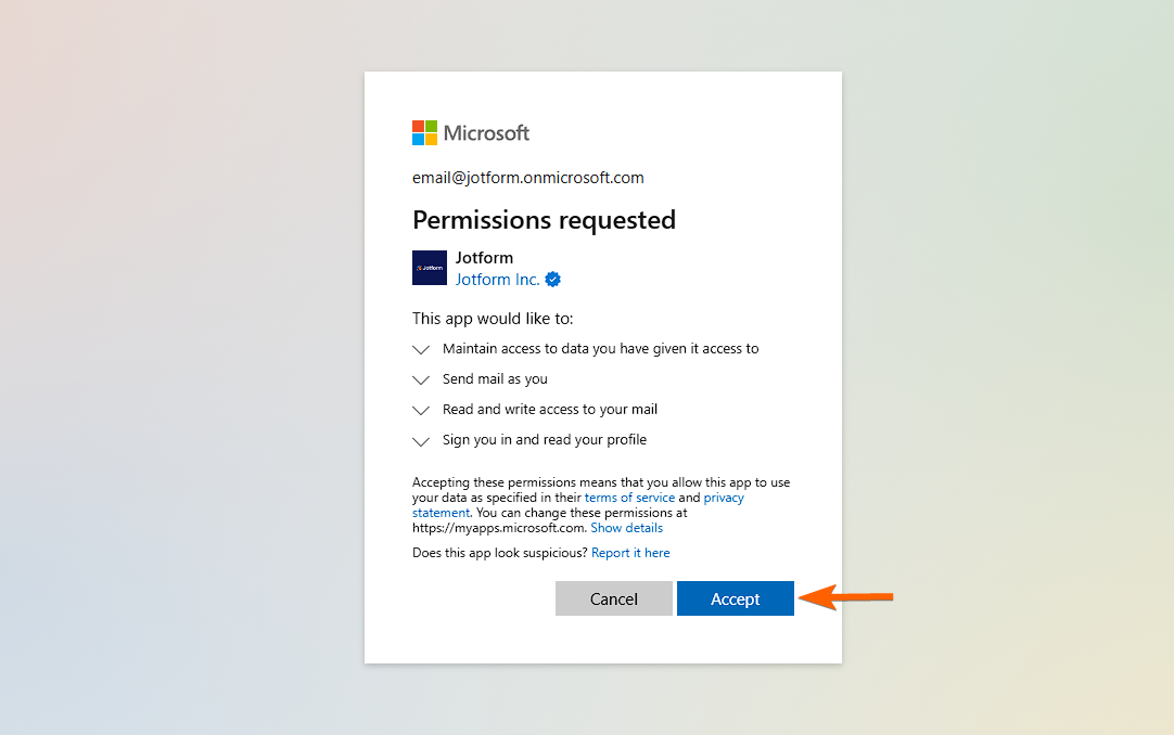 Microsoft permission screen