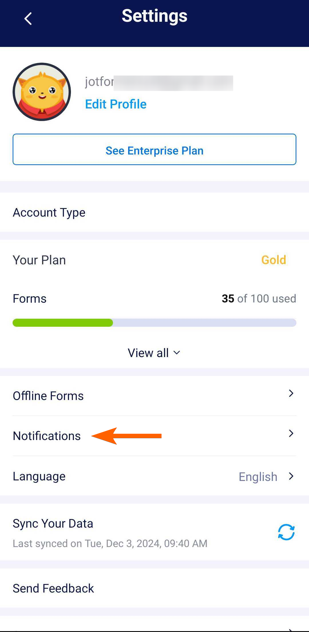 Opción de notificación en la página de configuración de las Apps móviles de Jotform