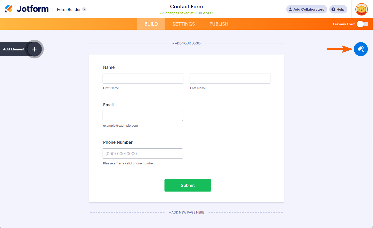 Paint Roller Icon to open the Form Designer in Jotform Builder