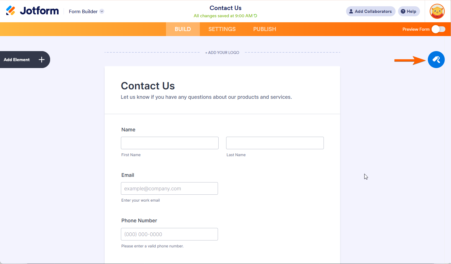 Paint Roller Icon to Open the Form Designer in Jotform