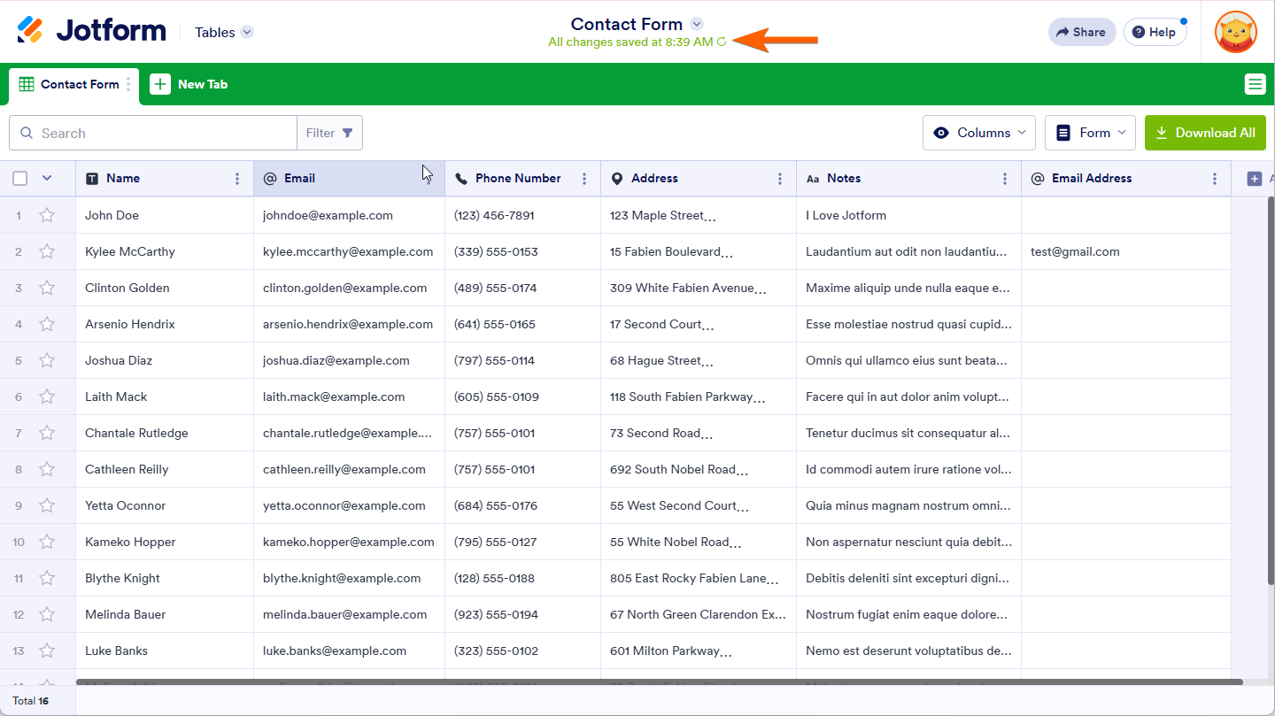Clicking the Circular Icon to Open the Revision History Tab in Jotform Table