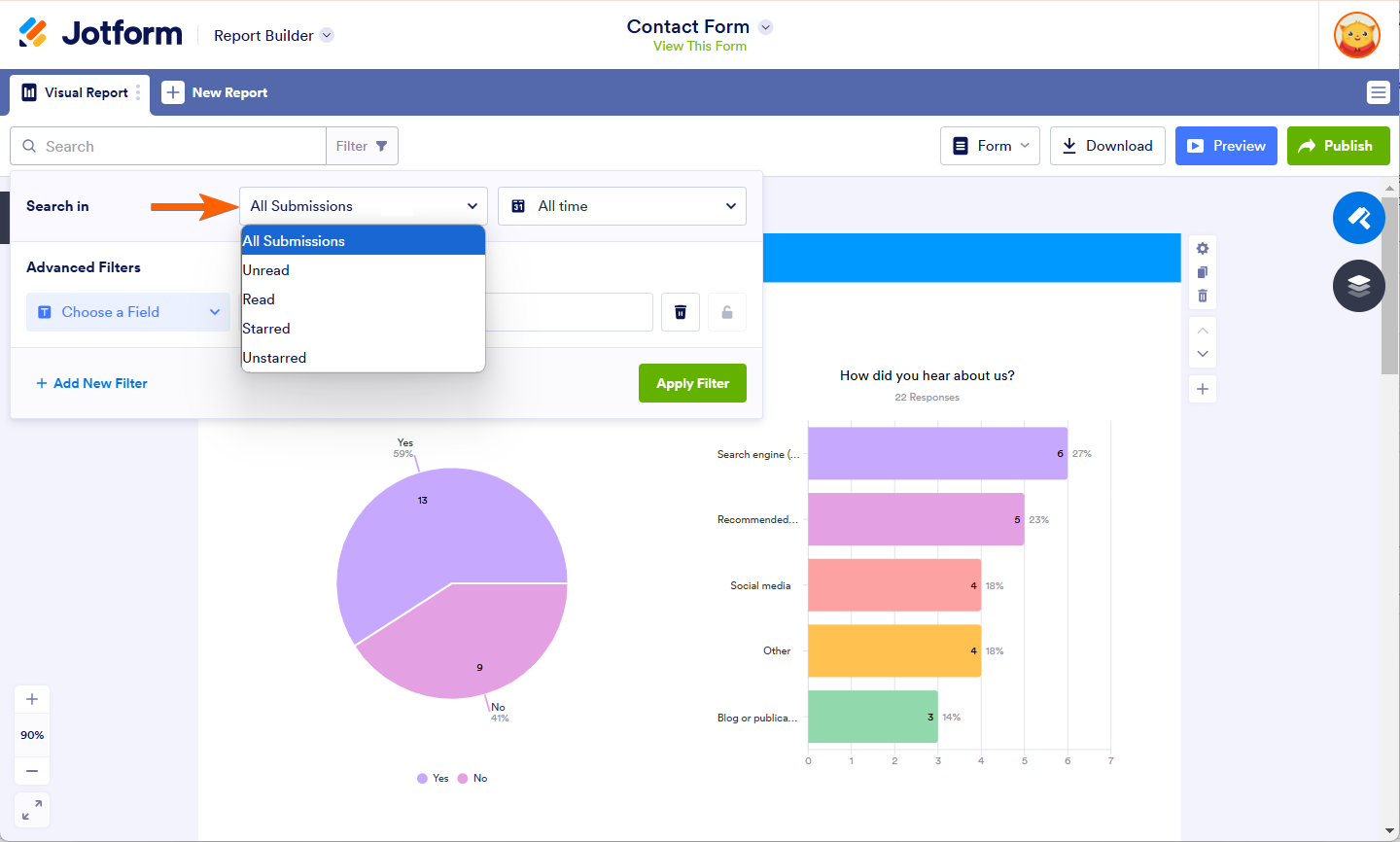 Search in Option of Jotform Visual Report Builder