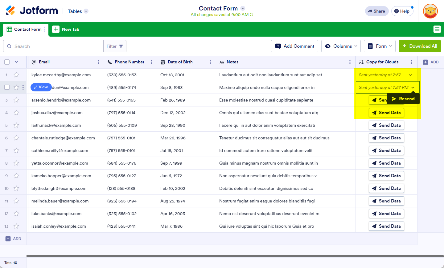 Send Data buttons in Jotform's Action Buttons column