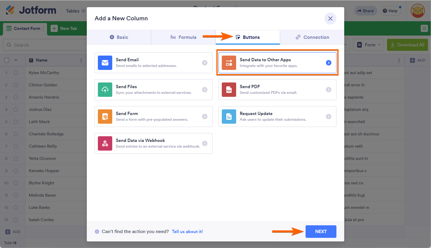 Send Data to Other Apps option in Add Action button settings