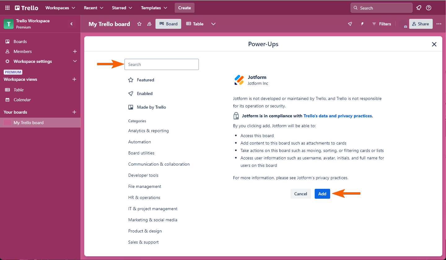 Añadiendo Jotform en el Tablero de Trello