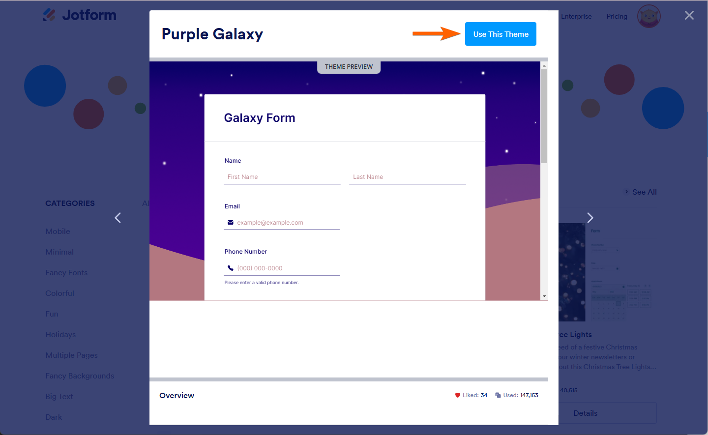 Use This Theme button in Details Preview of Jotform Theme Store