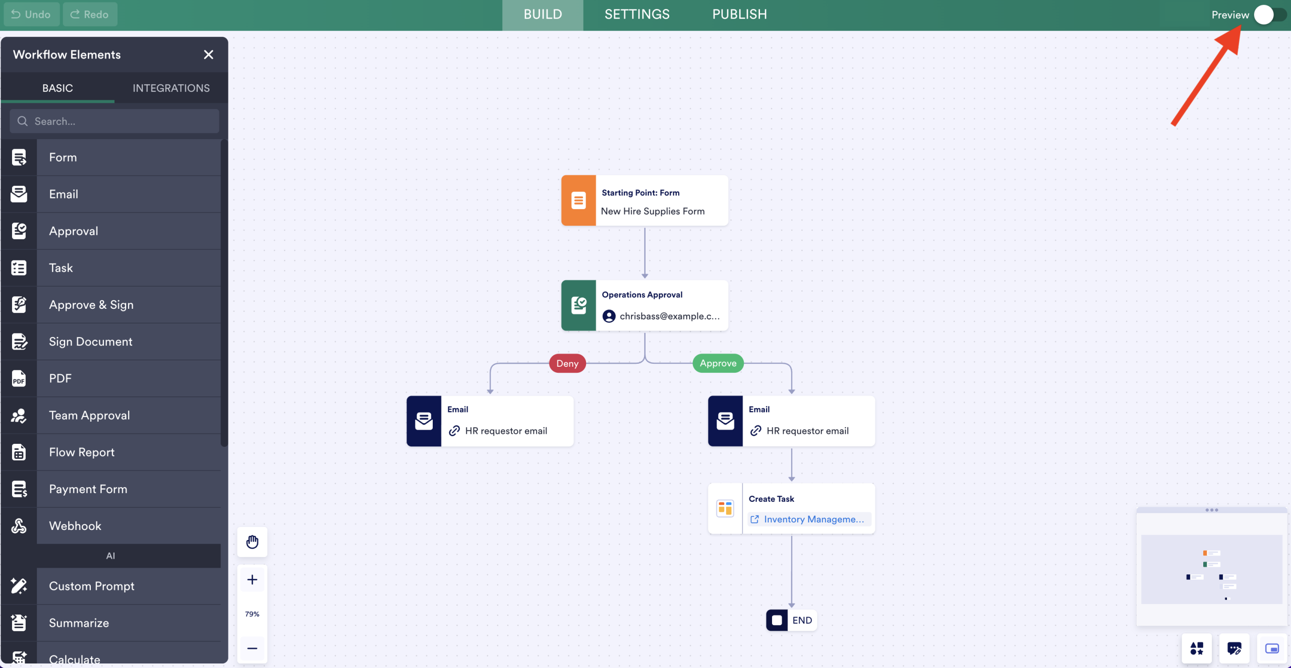 Toggling on the Preview button on Jotform Workflow Builder