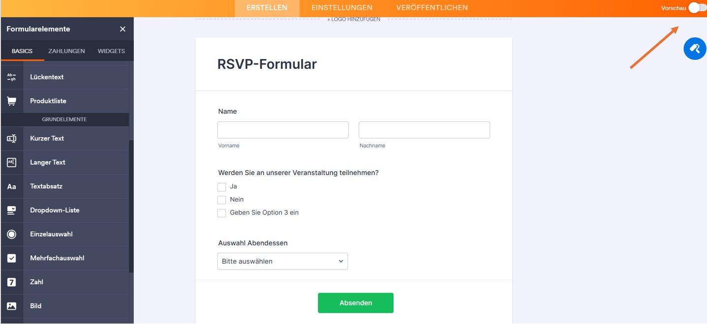 Aufnahme des RSVP-Formulars mit Angabe des Namens, der teilnehmenden Personen, der Fragen usw