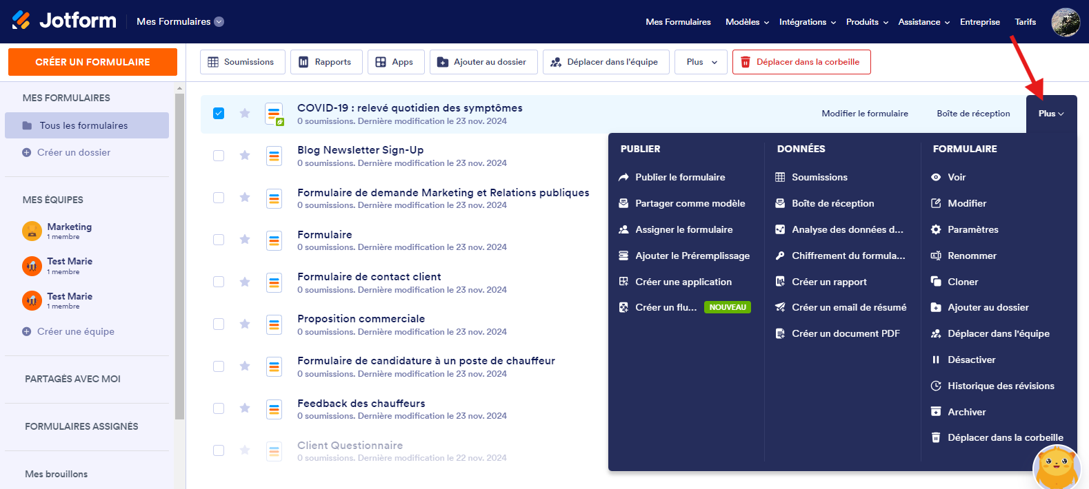 Capture d’écran de Mes Formulaires en cliquant sur Soumissions dans le menu Plus