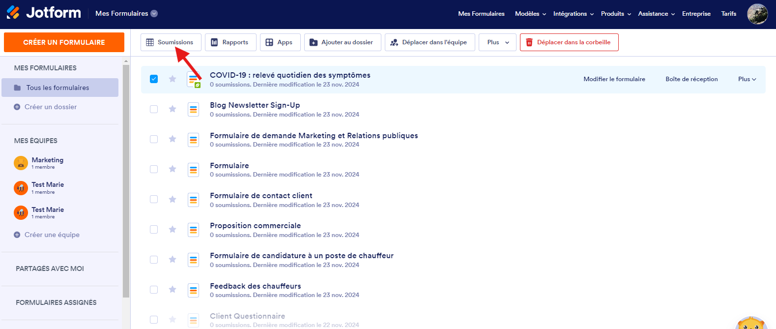 Capture d’écran de Mes Formulaires en cliquant sur Soumissions