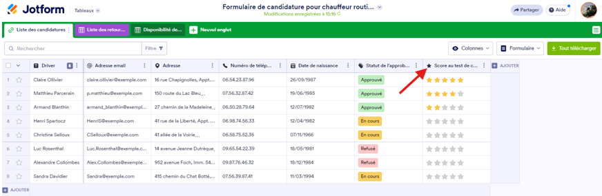 Capture d’écran de Mes Tableaux avec une flèche pour cliquer sur « Score au test de conduite »