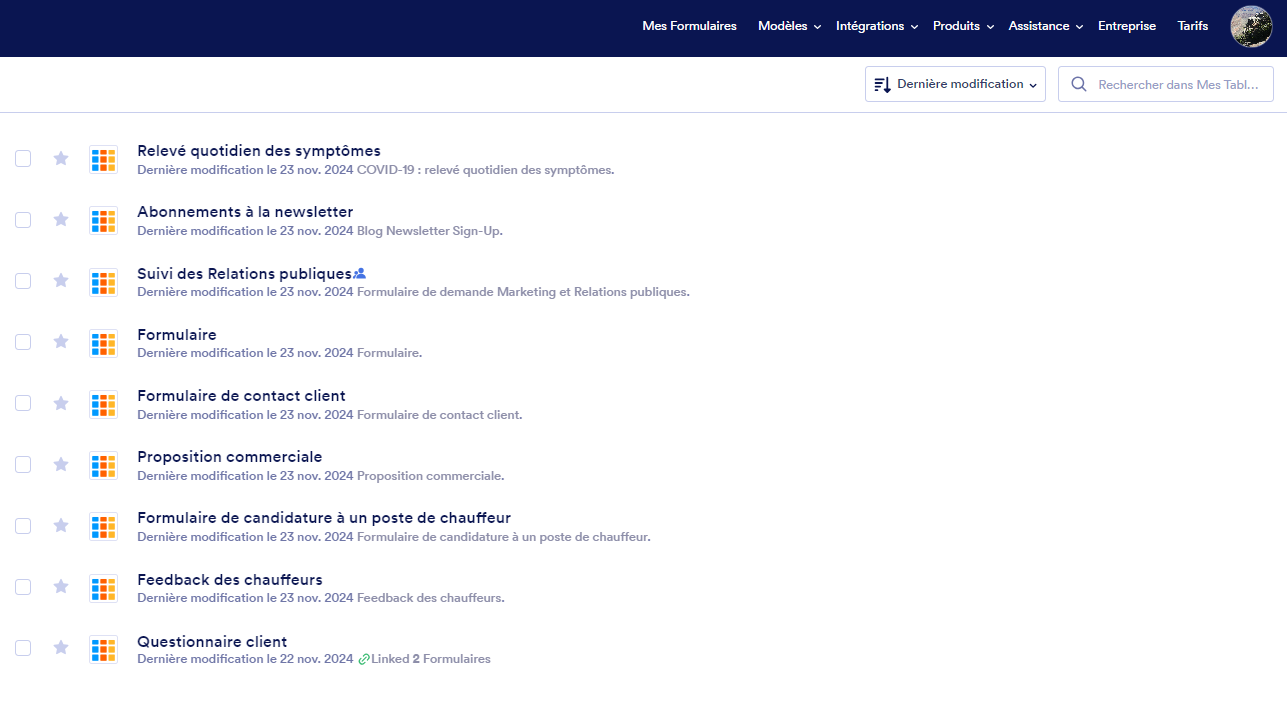 Capture d’écran de la page Mes Tableaux