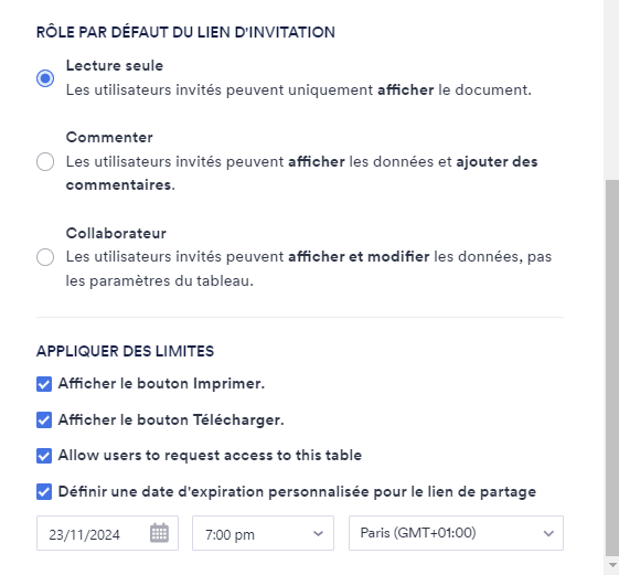 Capture d’écran de la page Paramètres de partage affichant « Rôles par défaut du lien d’invitation » et « Appliquer des limites »