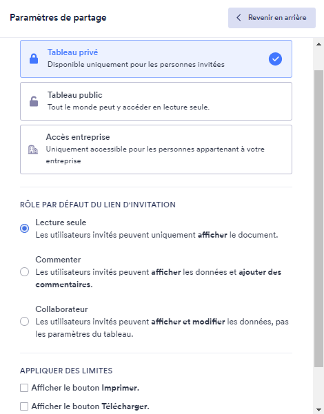 Capture d’écran des Paramètres de parta