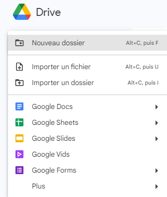 Capture d’écran d’un menu Google Drive pour créer un nouveau document
