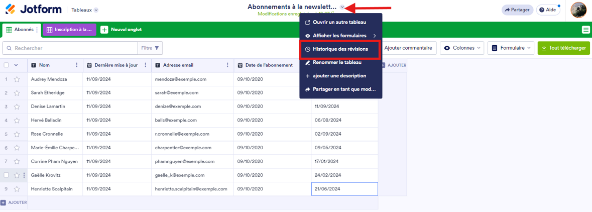 Capture d’écran d’un tableau pour cliquer sur « Historique des révisions »
