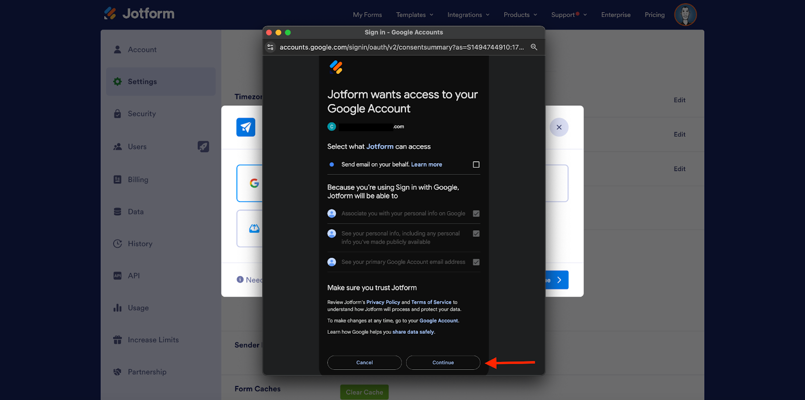 Clicking on Continue from the pop up window to give permission to Jotform