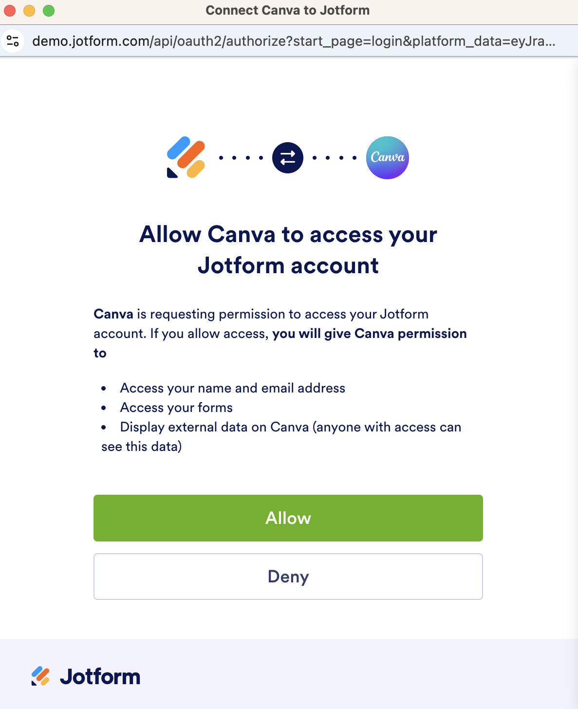 Clicking on the Allow button from the Connect Canva to Jotform pop up Window