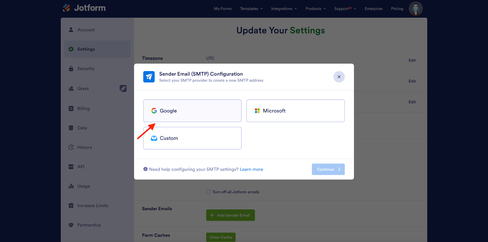 Clicking on the Google option from the Sender Email (SMTP) Configuration Window and then clicking on Continue