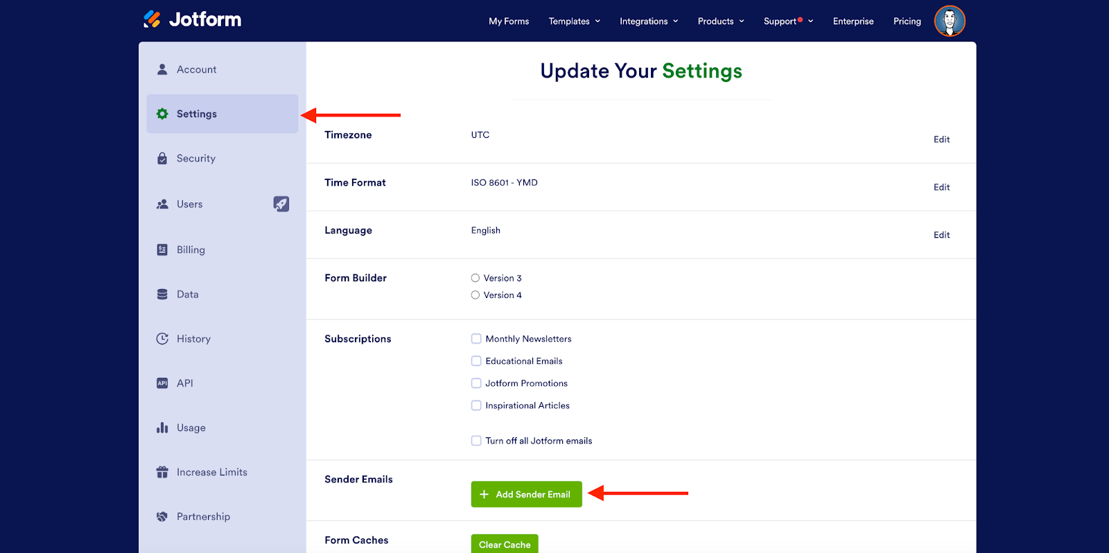 Clicking on the Settings Tab and then clicking on the Add Sender Email button