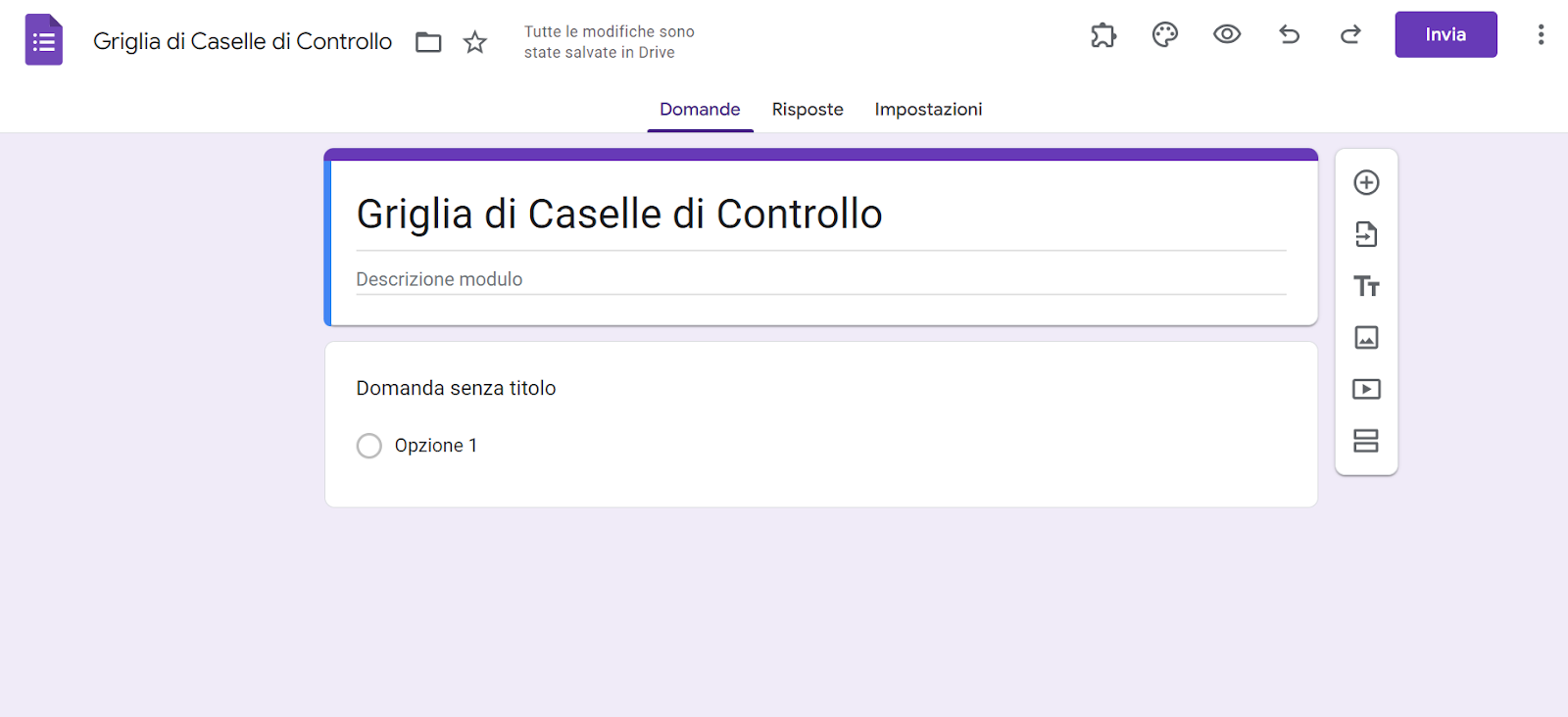 Uno screenshot di un modulo Google appena creato, pronto per la modifica e la personalizzazione