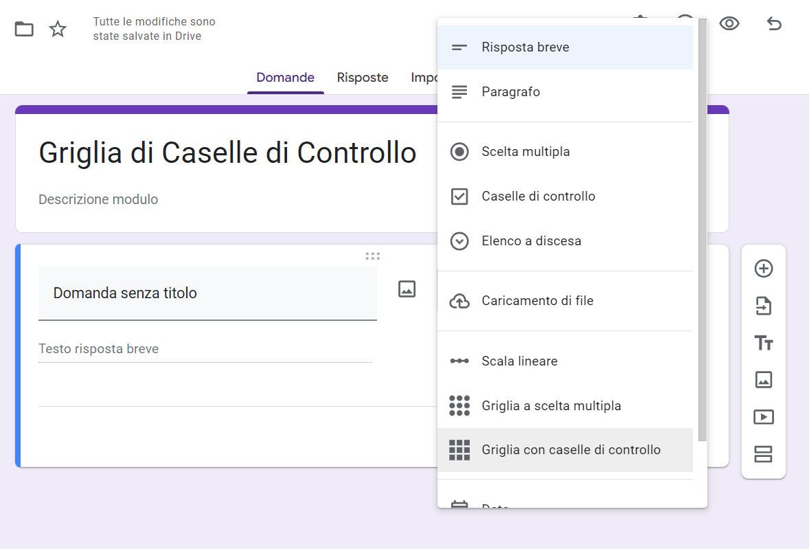 Screenshot del menu delle proprietà del modulo, in cui gli utenti possono scegliere di incorporare una griglia con caselle di controllo in Moduli Google