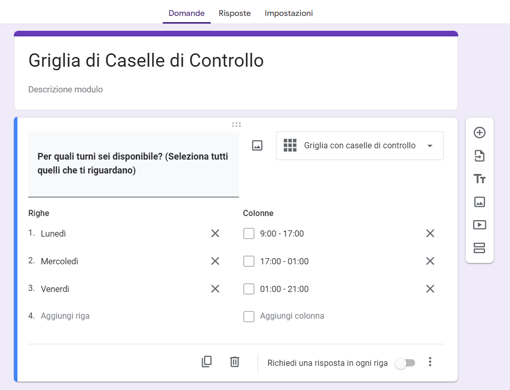 Uno screenshot della finestra di modifica di un modulo, dove gli utenti possono personalizzare la griglia delle caselle di controllo in Moduli Google