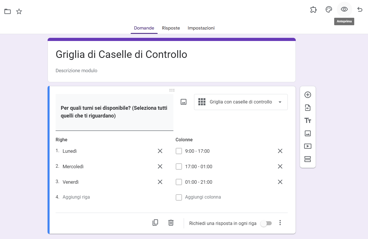 Uno screenshot di una domanda completamente modificata, pronta per l'anteprima della griglia con caselle di controllo in Moduli Google