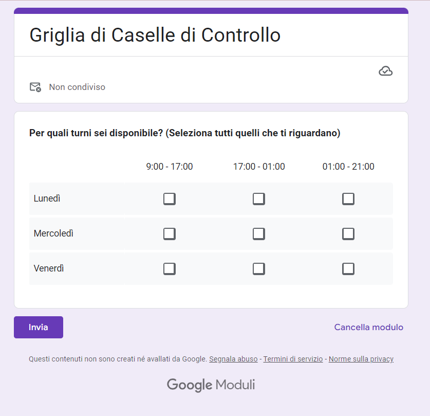 Una schermata di una griglia con caselle di controllo completata in Moduli Google, come la vedranno i destinatari