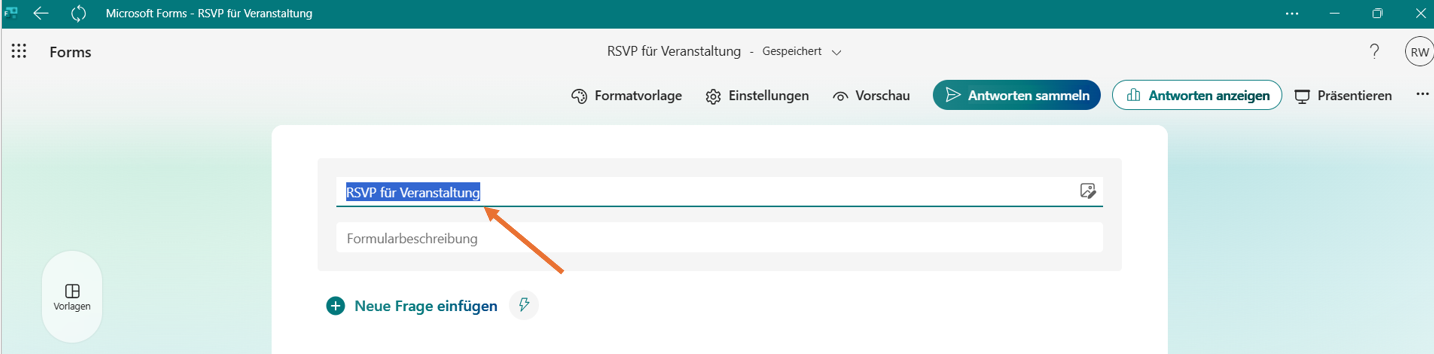 Die Felder für den Titel und die Beschreibung des Formulars sind mit Informationen zu einem Beispielereignis ausgefüllt