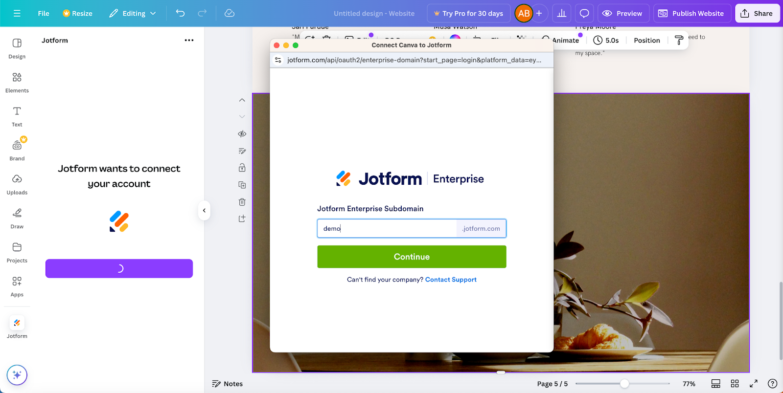 Entering Jotform Enterprise Subdomain in the Connect Canva to Jotform Window