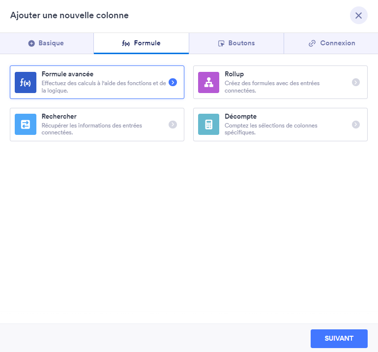 Fenêtre « Ajouter une nouvelle colonne » dans les Tableaux Jotform sélectionnant Formule avancée