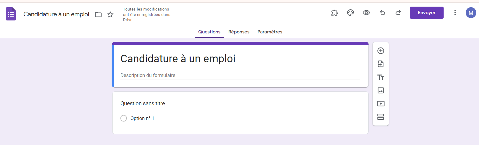Formulaire Google vierge prêt à être configuré comme formulaire de candidature à un emploi