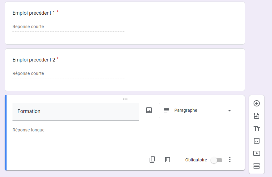 Formulaire de candidature à un emploi personnalisé dans Google Forms avec des questions sur l’expérience professionnelle et la formation