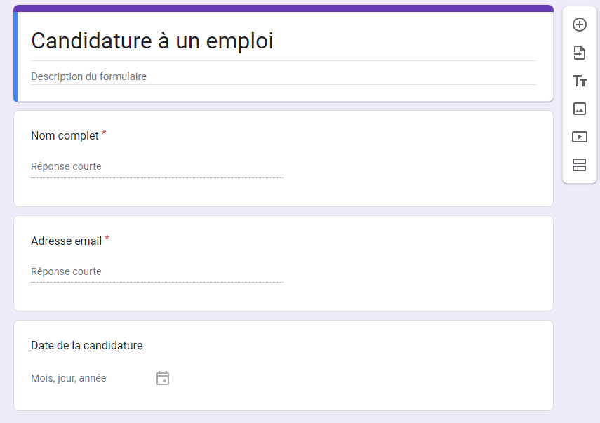 Formulaire de candidature à un emploi personnalisé dans Google Forms