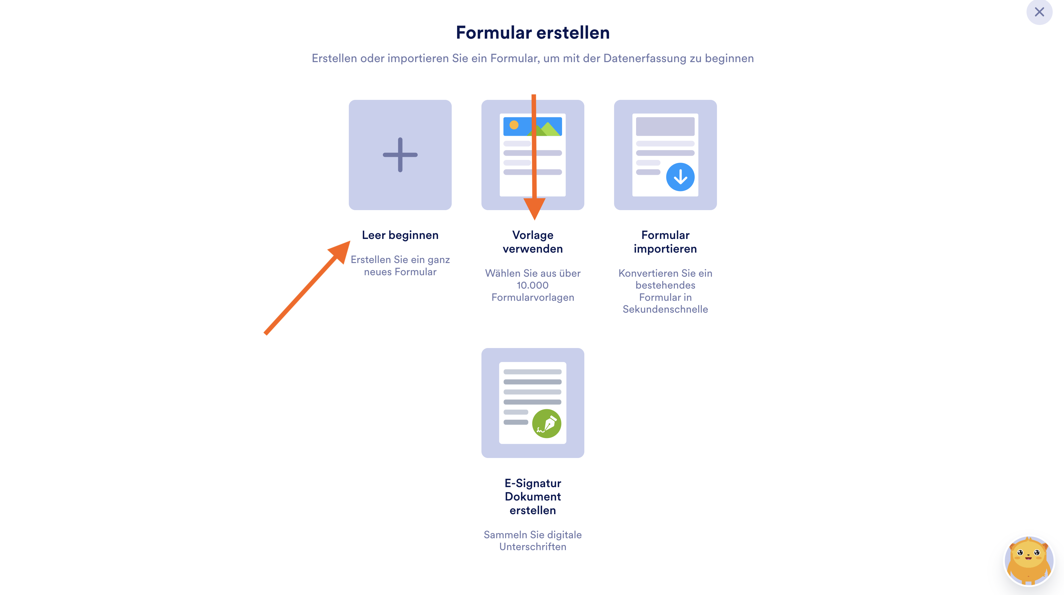 Formular erstellen in Jotform, Pfeile, die auf Leer beginnen und Vorlage verwenden zeigen