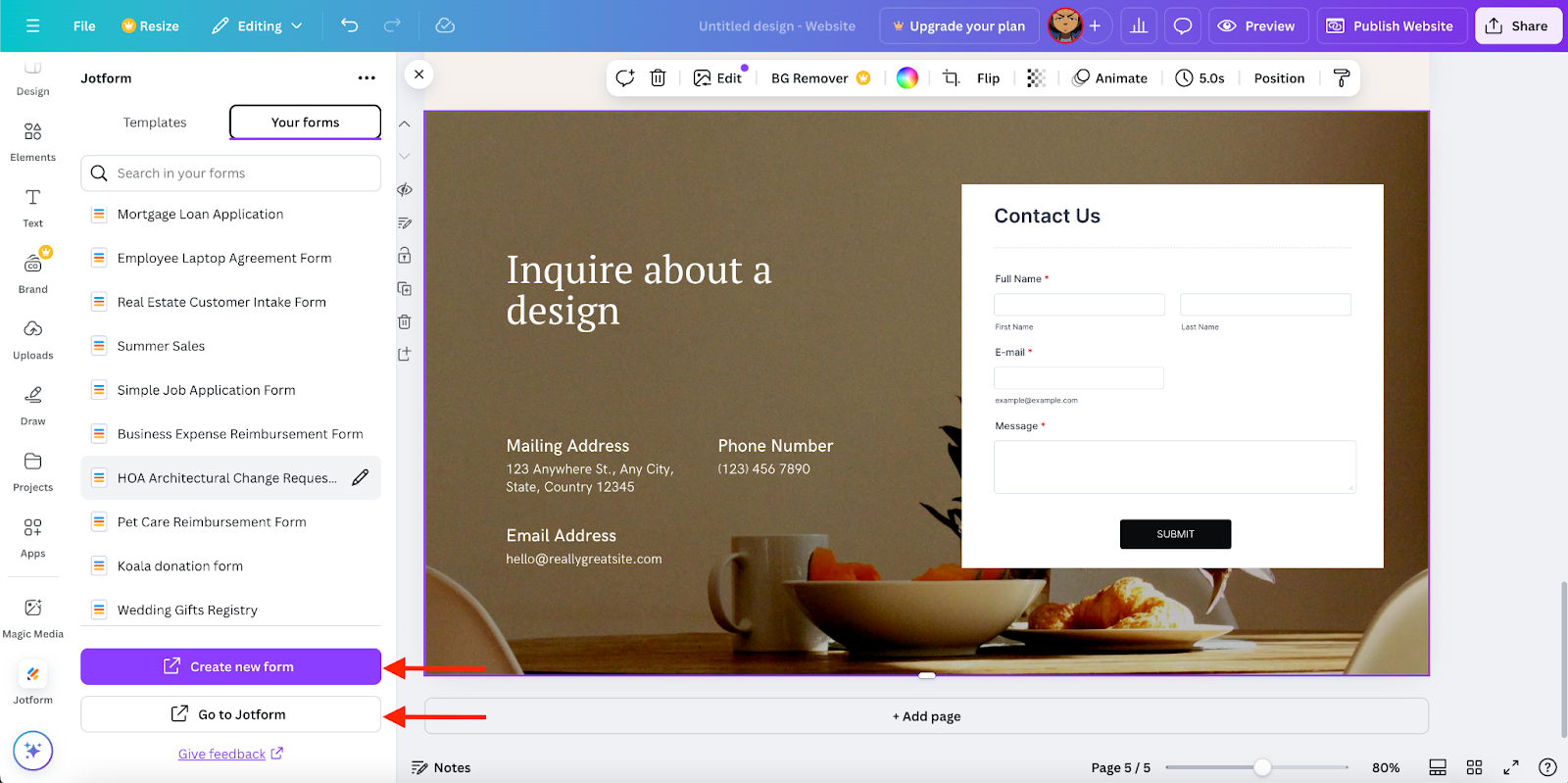 Highlighting the Create new form and Go to Jotform buttons under the Your forms tab in Jotform App in Canva