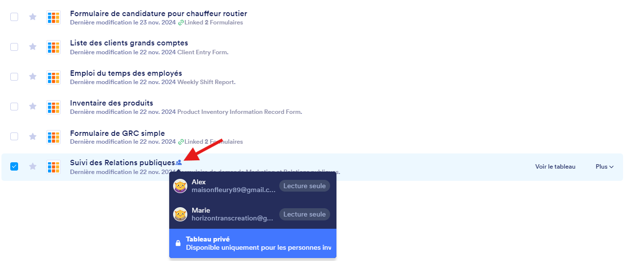 Image de l’interface Mes Tableaux montrant qui a accès aux espaces de travail