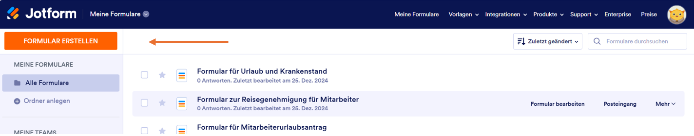 Jotform Meine Formulare Seite Klicken Sie auf Formular erstellen