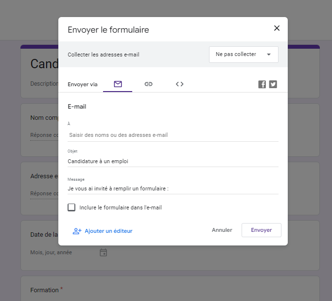 Menu Google Drive pour diffuser un formulaire de candidature à un emploi dans Google Forms