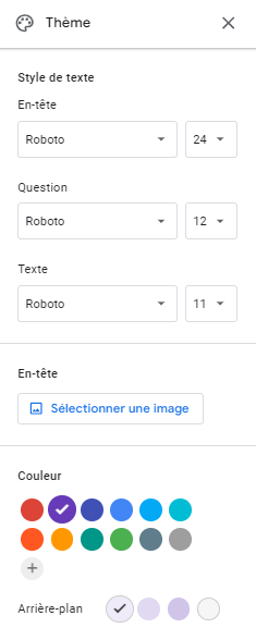 Menu Personnaliser le thème pour un formulaire de candidature à un emploi dans Google Forms