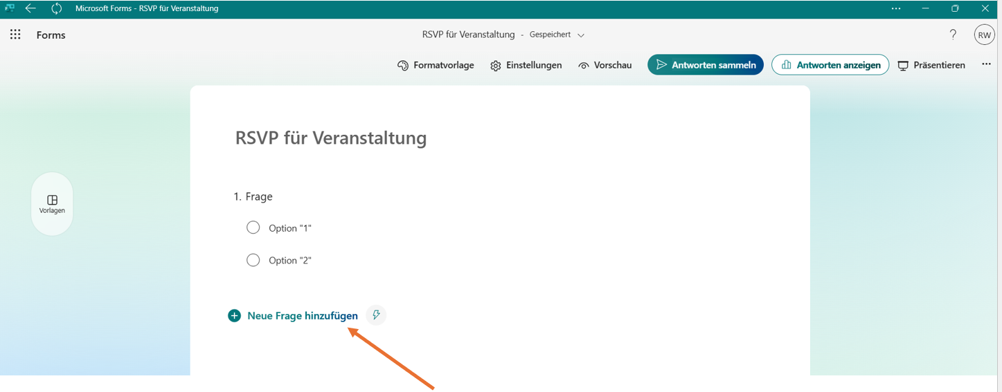Pfeil, der auf Neue Frage hinzufügen zeigt