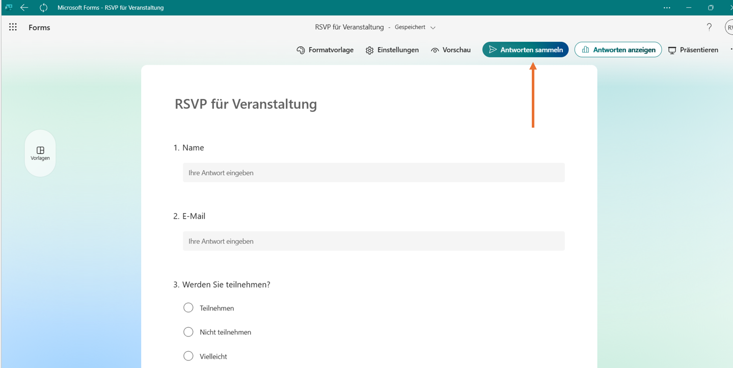 Pfeil, der auf den Button Antworten sammeln zeigt