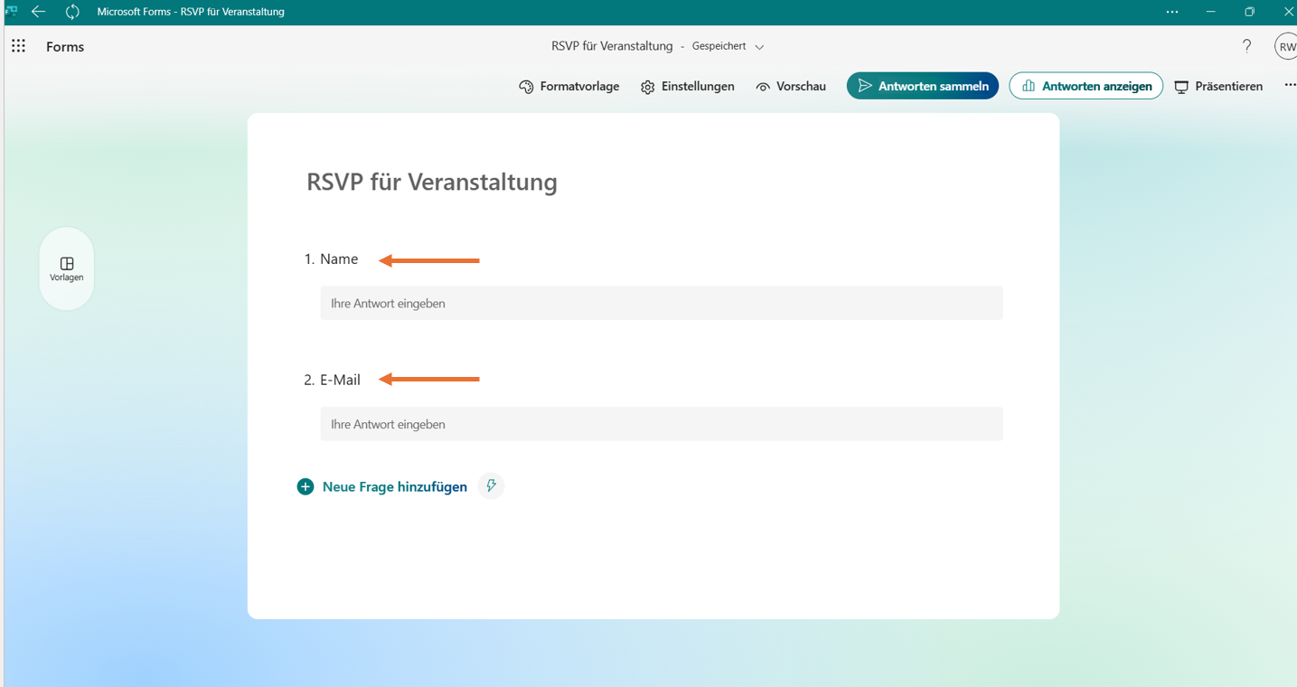 Pfeile, die auf Name und E-Mail zeigen, wurden hinzugefügt
