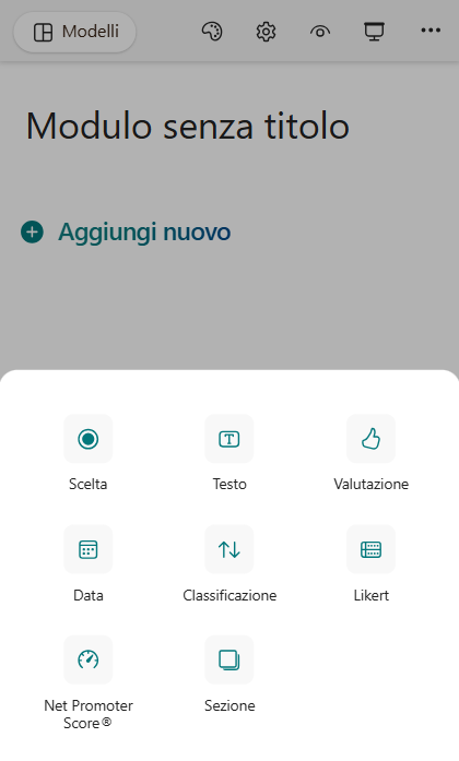 Screenshot del menu delle domande di Microsoft Forms all'interno di un modulo vuoto su un dispositivo mobile