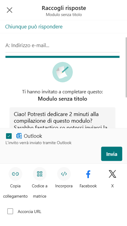 Screenshot della pagina di invio di Microsoft Forms su mobile, che include diverse opzioni per inviare un modulo